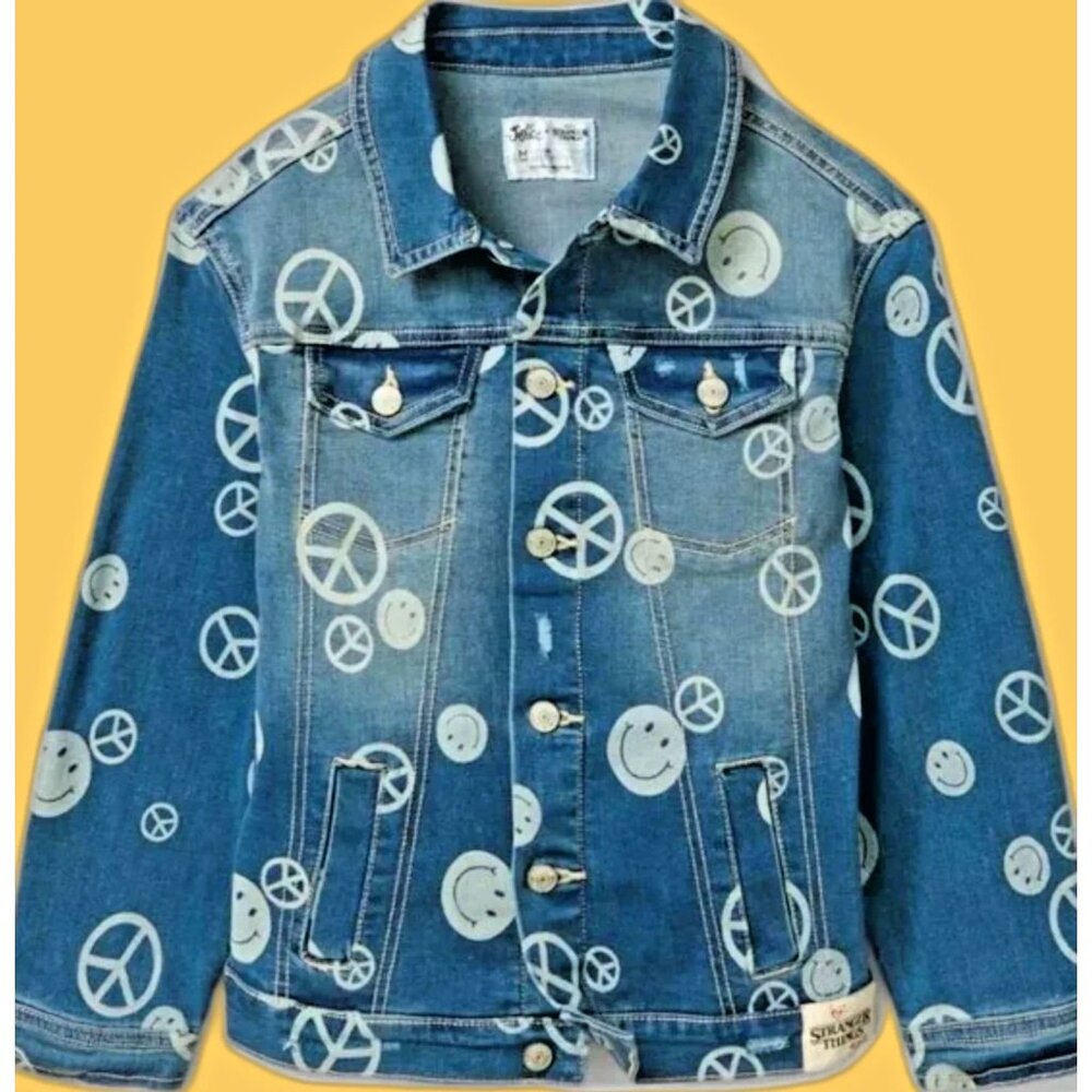 NWT Justice Stranger Things Girls Distressed Denim Jean Jacket S 7-8